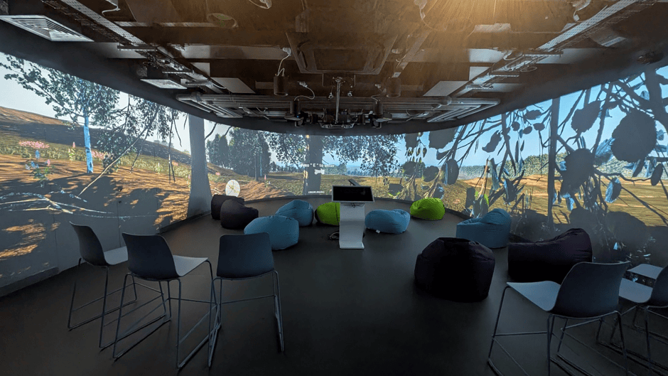 Immersive training suite with projected images of a peatland landscape covering the surrounding walls