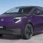 Three-quarter front view of a purple Nissan PIXO electric city car parked beneath a modern concrete structure, with a city skyline in the background.