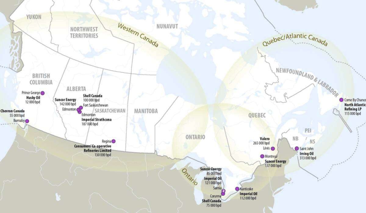 Western Canada has ample supplies of diesel, thanks to refineries in Alberta, Saskatchewan and B.C. Map: Natural Resources Canada, https://natural-resources.canada.ca/sites/nrcan/files/energy/images/Refinery-Map-Large-E.gif