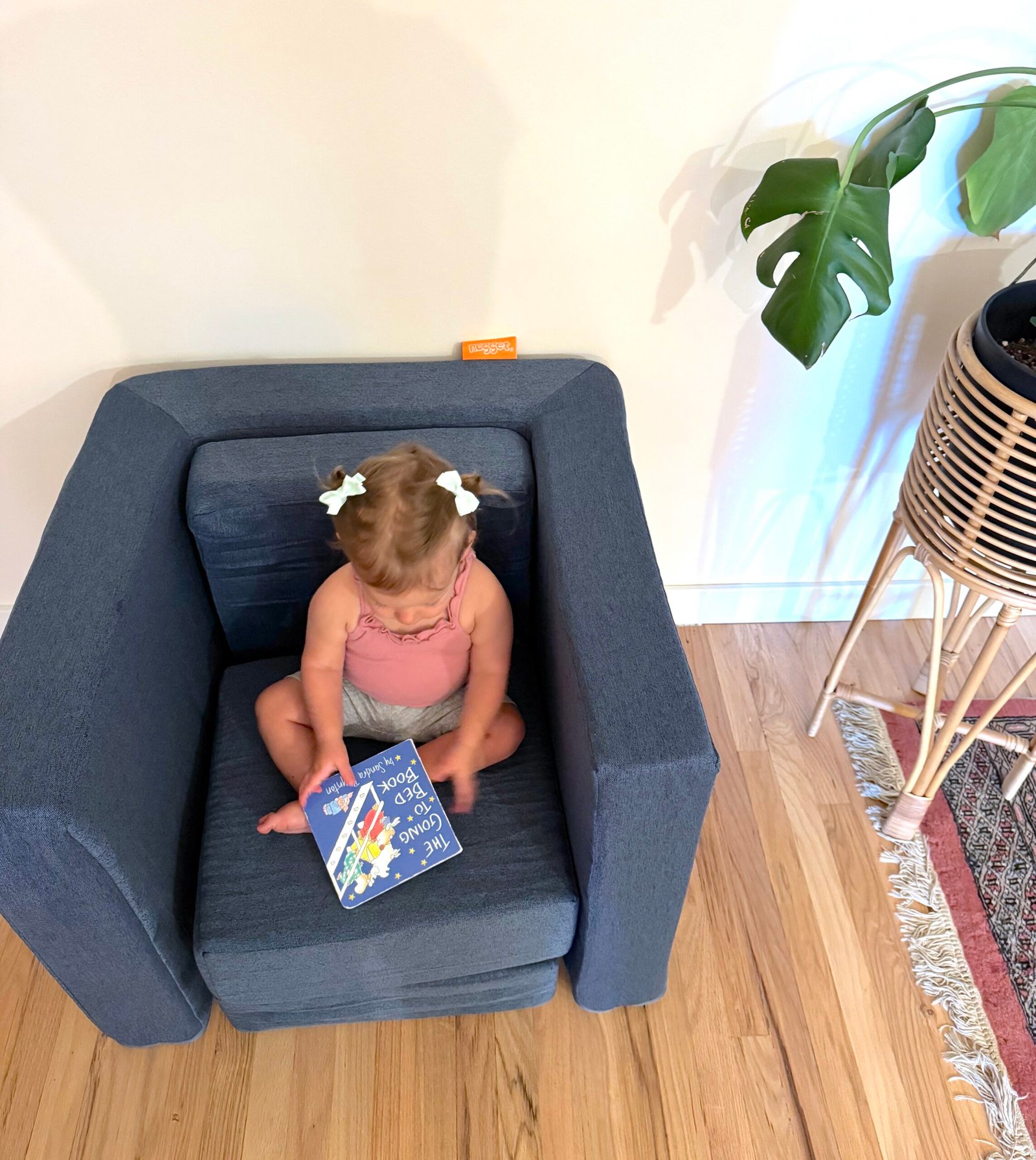 A toddler with two hair bows sits in a blue armchair on a wooden floor, looking at a book with a blue cover. A plant and woven basket are visible to the right.