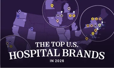The preview image for a U.S. map showing the top hospital brands in 2026 using data from Brand Finance.