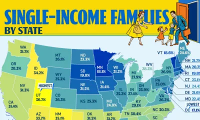Map showing the share of single-earner families in every state.