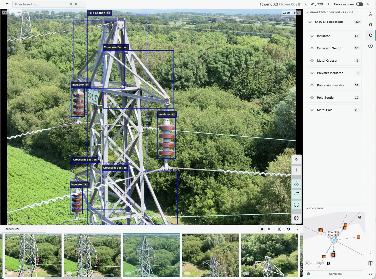 Software interface analysing drone imagery of an electricity pylon, with components including insulators and crossarms automatically identified