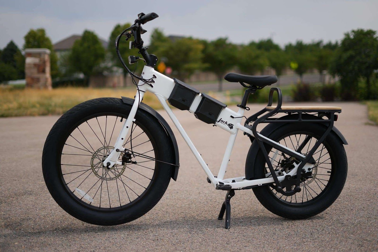 JackRabbit MG Cargo mini cargo ebike with its rear rack and passenger pegs, photographed during RiderGuide testing