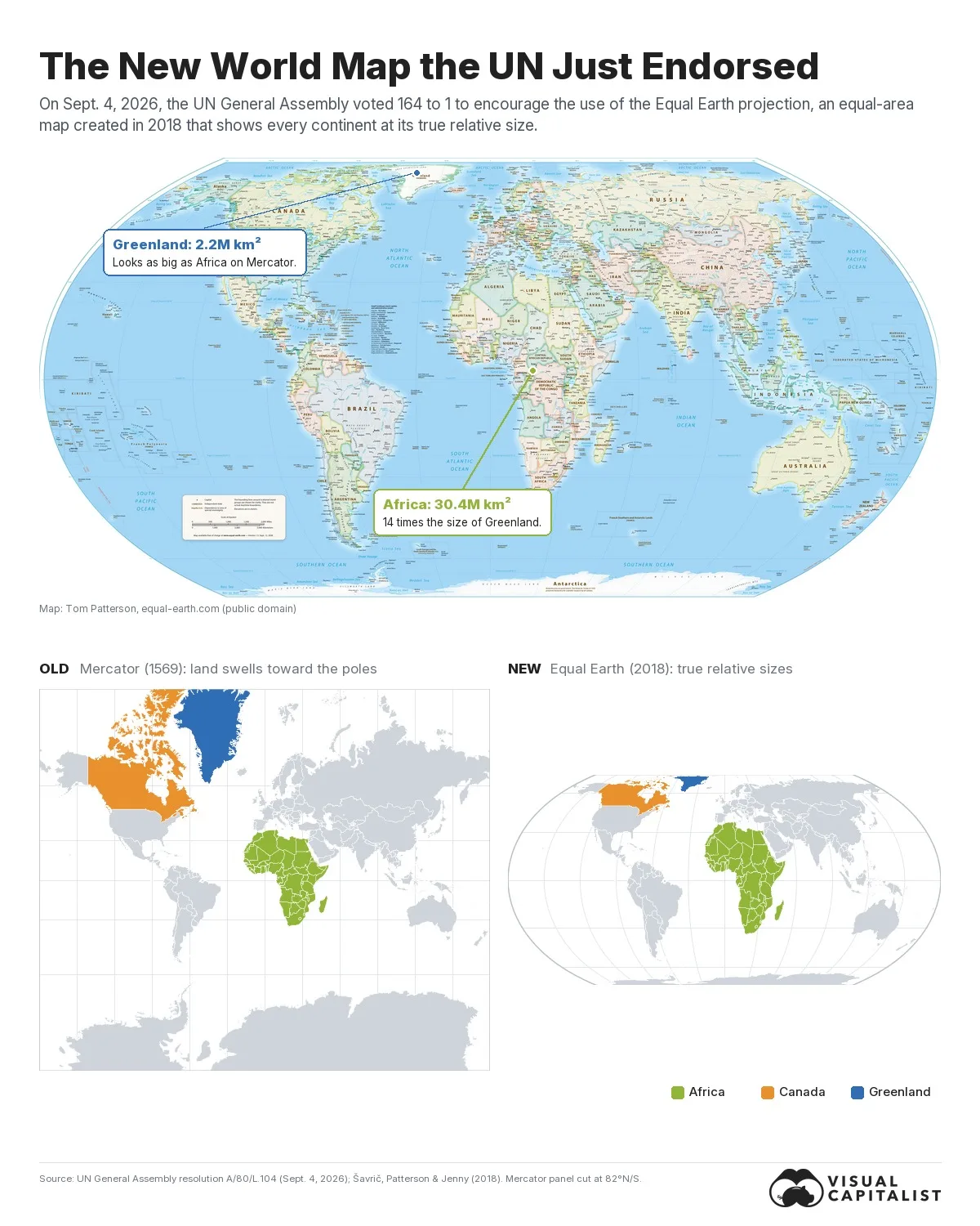 A world map in the Equal Earth projection, showing every continent at its true relative size, titled The New World Map the UN Just Endorsed.