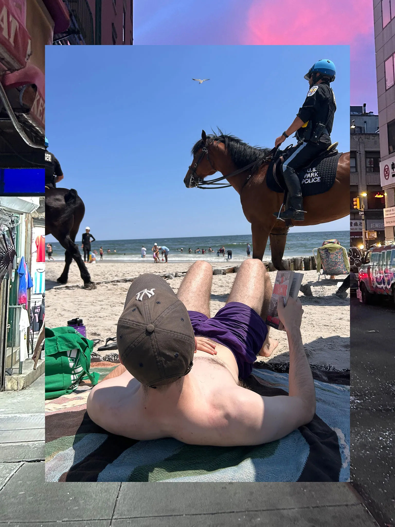 A collage consisting of two vertical photos, the outside functioning a border and the inside fully visible. The outside photo is a street scene of New York City at sunset. The inner photo is a person resting on a towel with a book at Rockaway Beach.