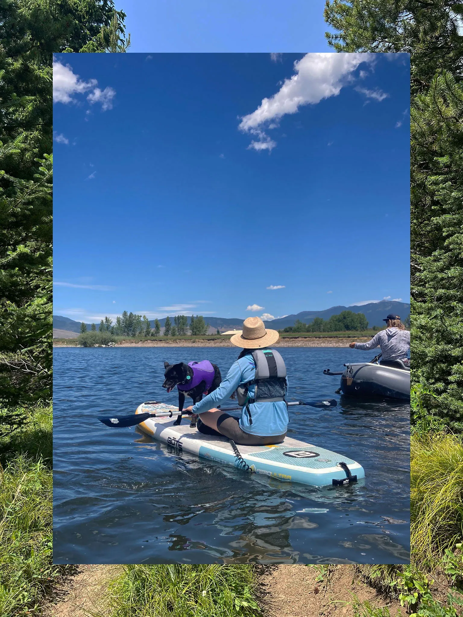 A collage consisting of two vertical photos, the outside functioning a border and the inside fully visible. The outside photo is a wooded path. The inner photo is a person on a stand-up paddle board with a dog.