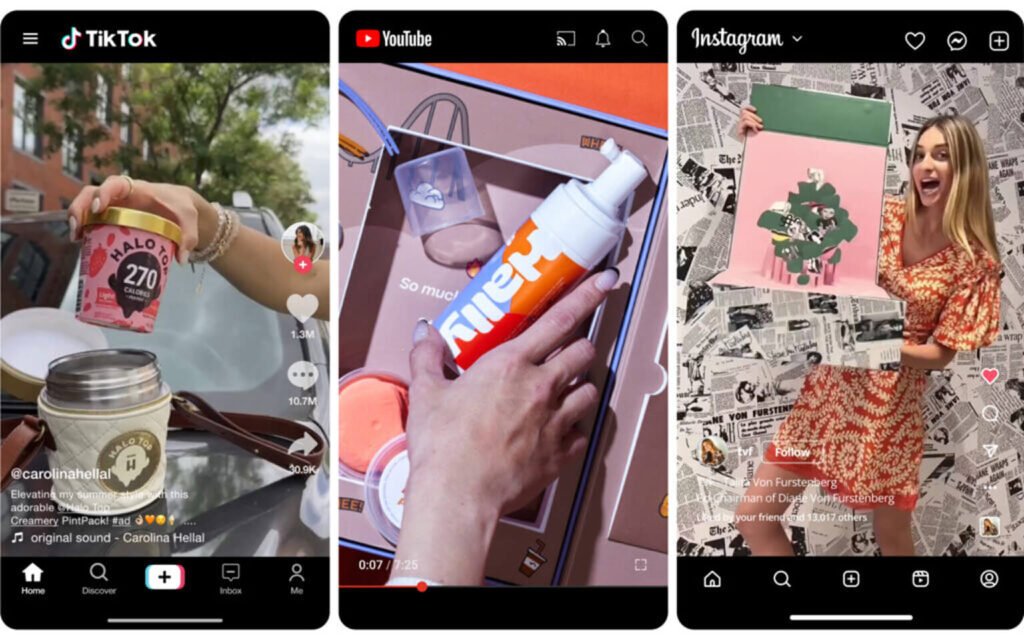 Social media marketing showcase featuring PR Influence packaging on TikTok, YouTube, and Instagram.