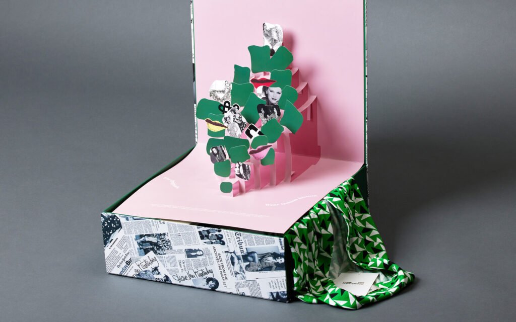 Diane von Furstenberg’s influencer packaging showcases visually striking pop-up visuals.