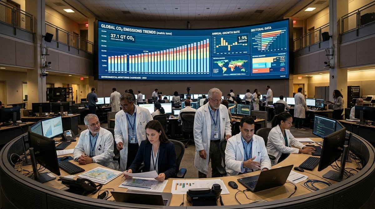Scientists reviewing large-scale emissions data projections in a government research facility, illustrating CO2 impact analys