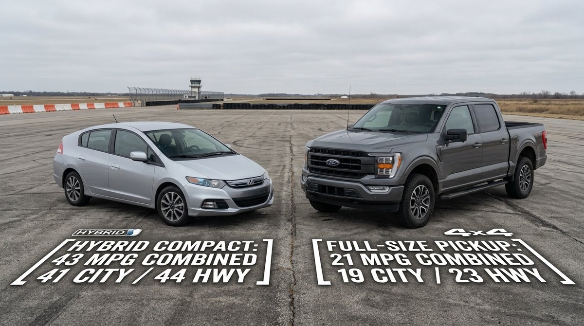 A compact hybrid car and a large pickup truck side by side on a test track, illustrating evolution of federal fuel economy st