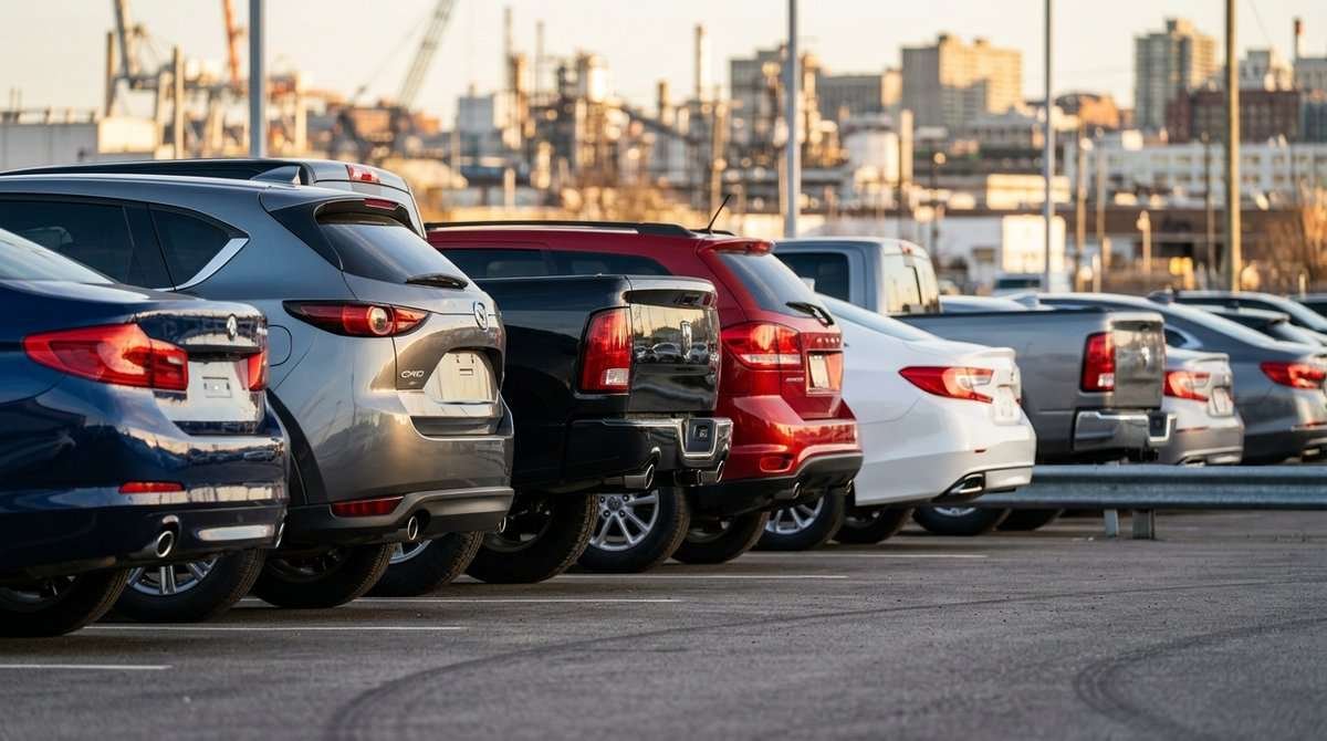 Row of new SUVs and trucks at a dealership lot, representing light-duty and medium-duty vehicle emissions standards.