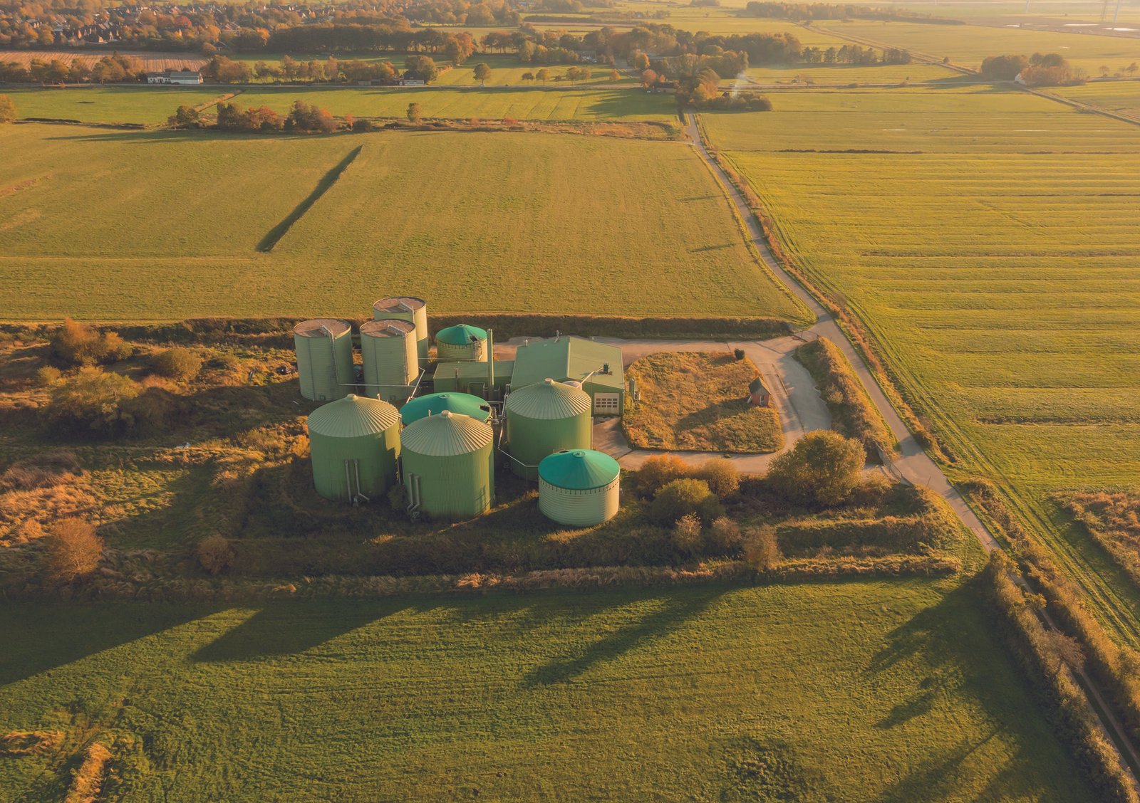 Aerial view of green biogas domes