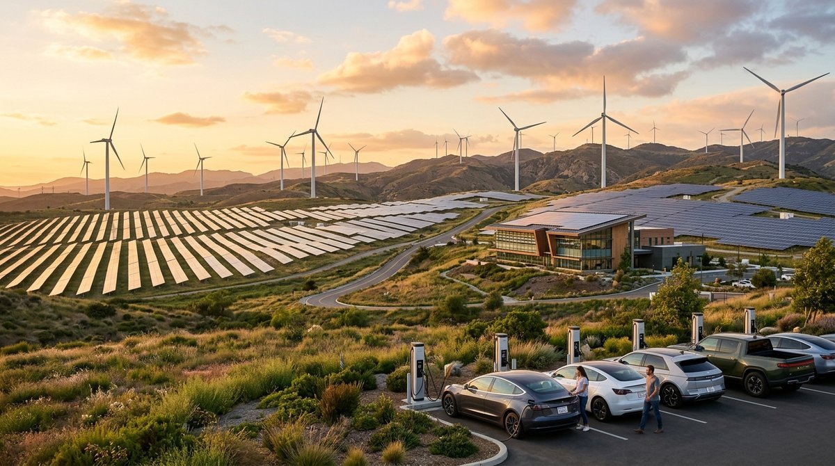 Vast solar panel field and wind turbines at golden hour with electric vehicles charging, representing clean energy innovation