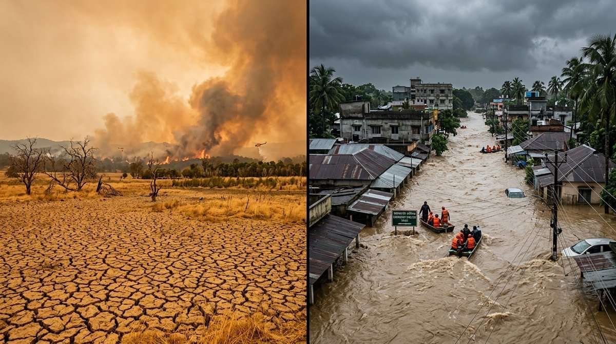 Side-by-side view of El Niño devastation: severe drought with cracked earth and a flooded tropical town with submerged street