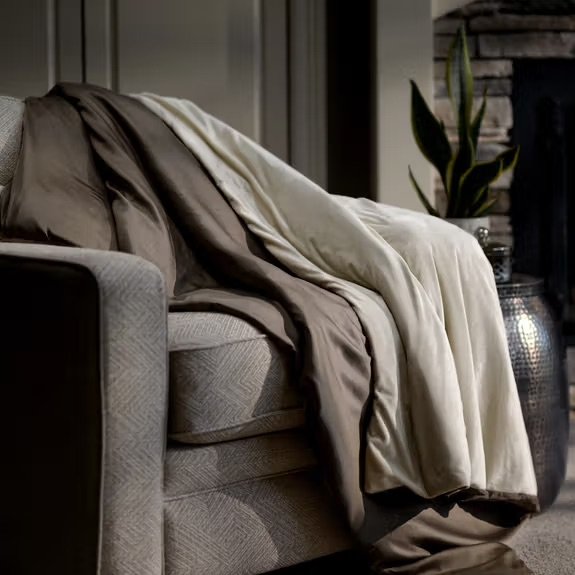 A beige armchair with a draped cream and brown blanket sits next to a stone fireplace and a metal vase.