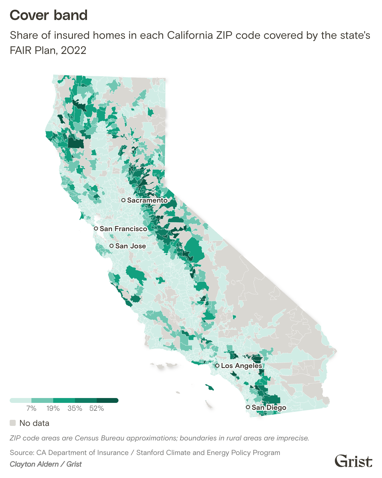 Map of California ZIP codes showing the share of insured homes on the state's FAIR Plan in 2022. Shares are low across most of the state but reach 50 percent to 80 percent in foothill and mountain communities along the Sierra Nevada and around Los Angeles and San Diego.