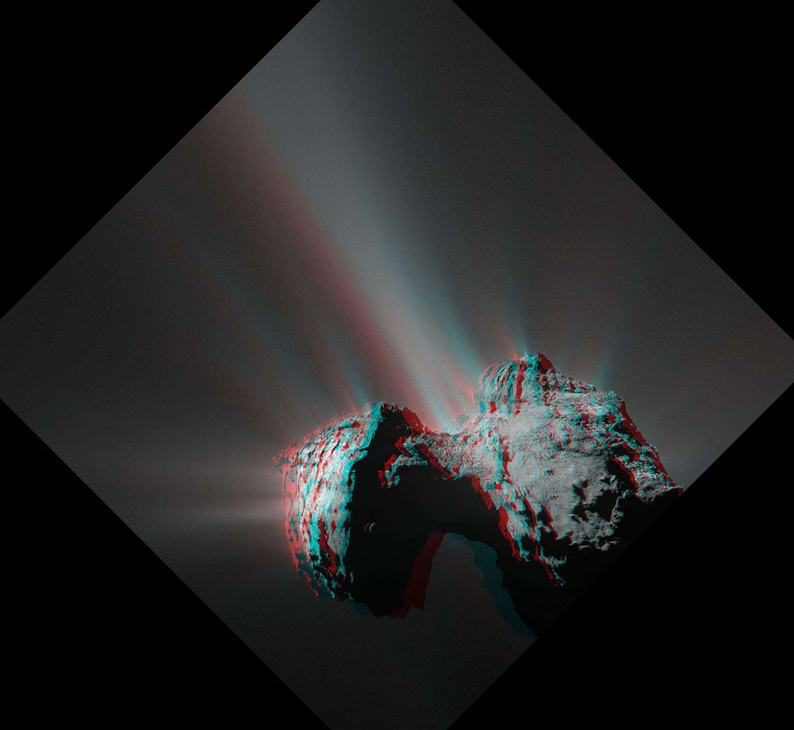 Red/blue stereo anaglyph of comet 67P.