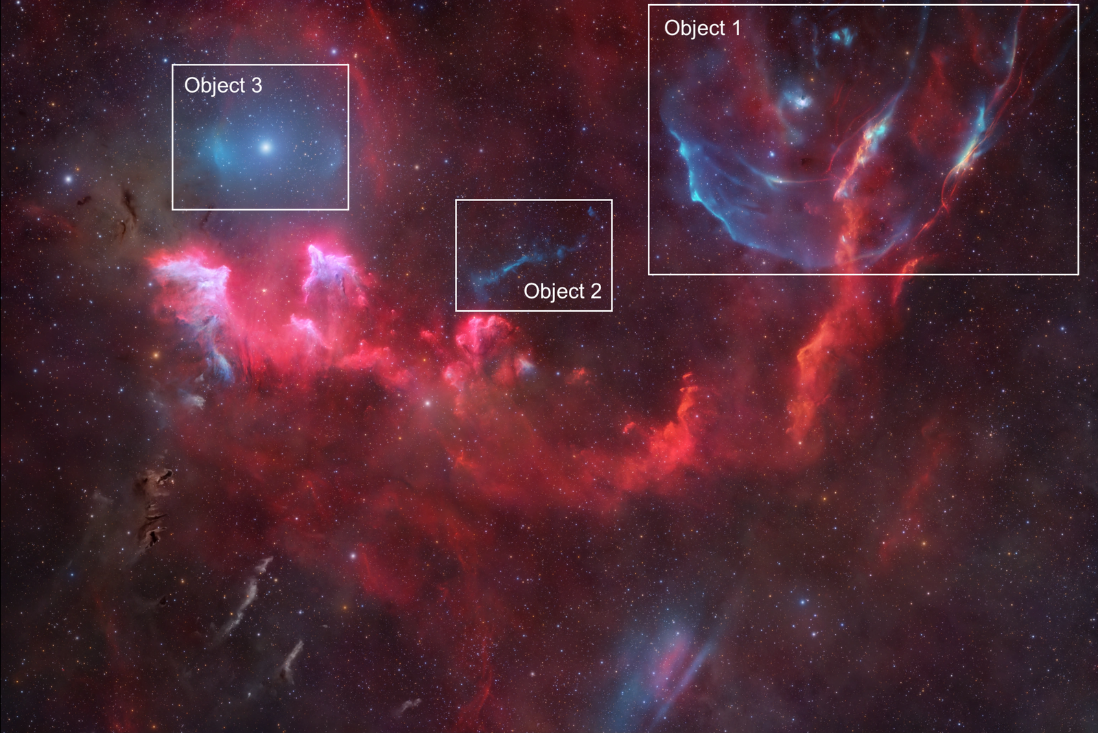 The sky is speckled with stars. Bright tufts of emission nebulae trace across the image's equator. Arcs and smudges of ionized oxygen emission also included. The three new objects visible in oxygen are labeled.