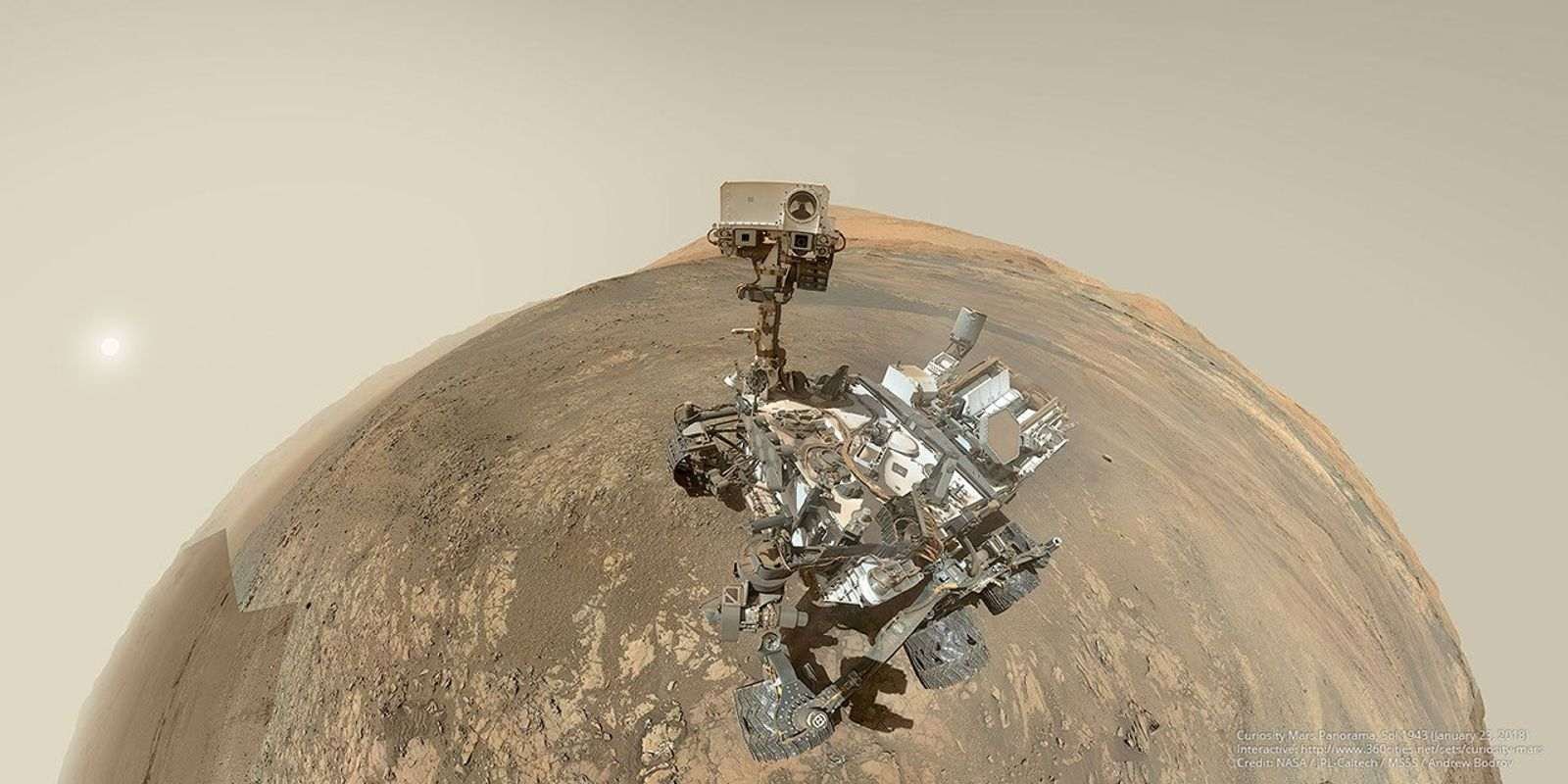 Fisheye wide-angle image of the Curiosity rover on Mars.