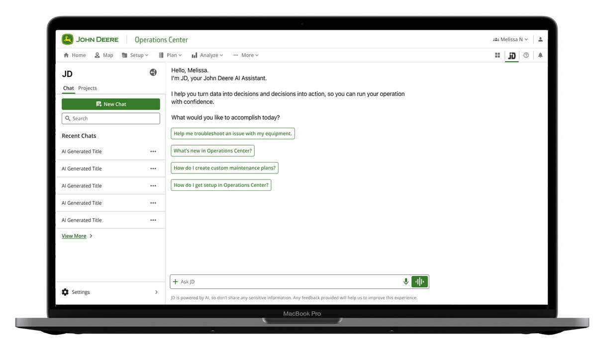 The JD assistant is currently available through a limited early-access program for U.S. farmers. Deere has not set a date for a Canadian rollout.