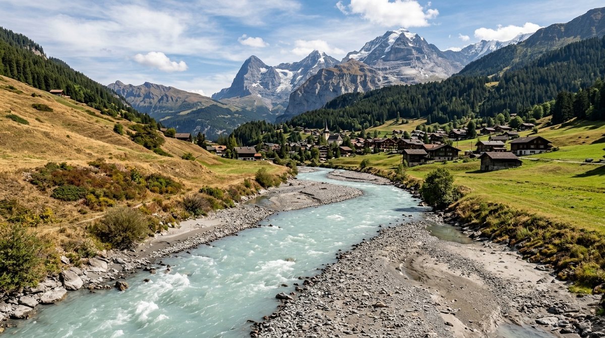 Turquoise glacial meltwater river flowing through a Swiss valley in late summer beside drought-stressed meadows and a mountai