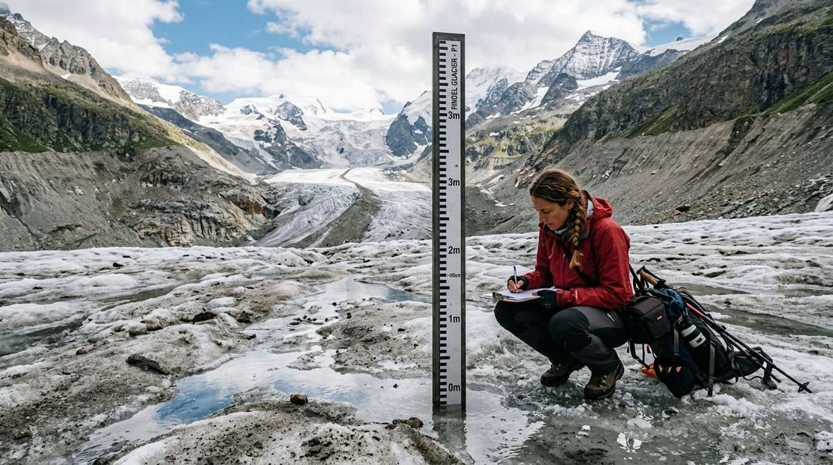 Glaciologist measuring ice loss with a stake on a Swiss glacier surface, meltwater pools and exposed rock visible nearby