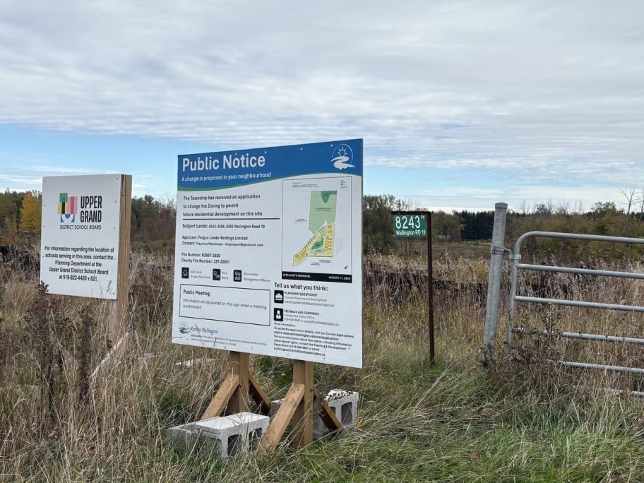 A Centre Wellington public notice sign details the rezoning application at 8243 Wellington Road 19. Photo: Sarah McGoldrick