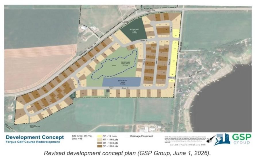 A development concept plan shows housing lots, a park block and a stormwater block on the former golf course site. Photo: Geranium Homes