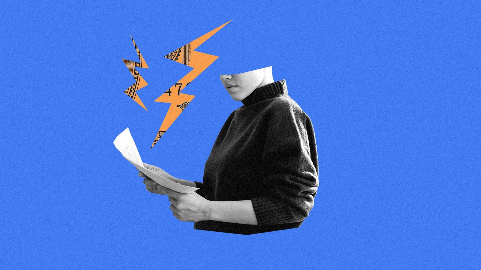 Person holding electric bill with orange lightning bolts sparking from it