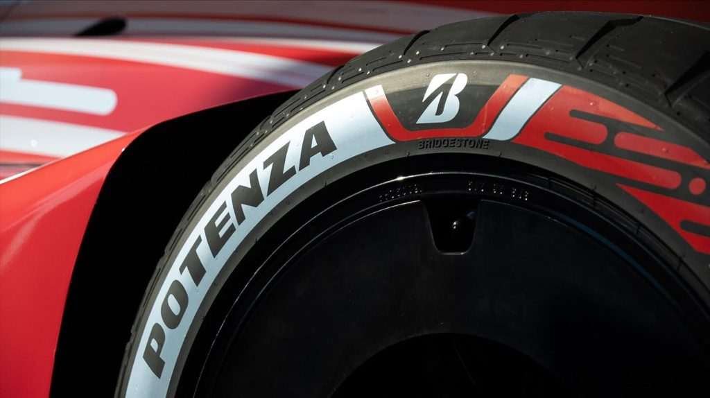The Bridgestone Potenza Gen4 tire on a racing car.