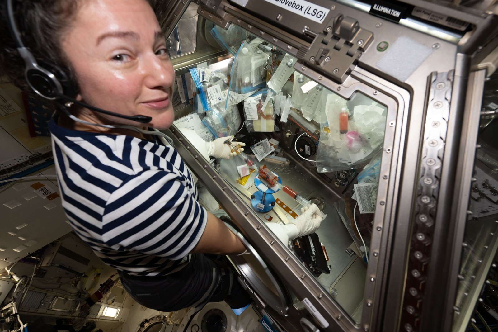 NASA astronaut Jessica Meir works in the Life Sciences Glovebox aboard the International Space Station. She inserts her hands into the glovebox’s built-in white gloves to handle research materials inside the enclosed metallic workspace, where clear plastic bags, small containers, and other experiment materials surround her hands.