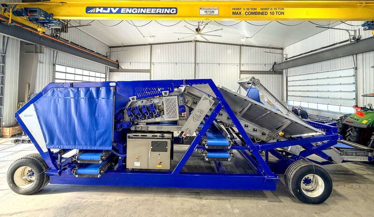 Shaped similar to a Cybertruck, the compact electronic potato sorter can be used individually or in tandem with HJV’s split-grader, with the Tomra 3A vision system swapping from one machine to the other. Photo: HJV Engineering