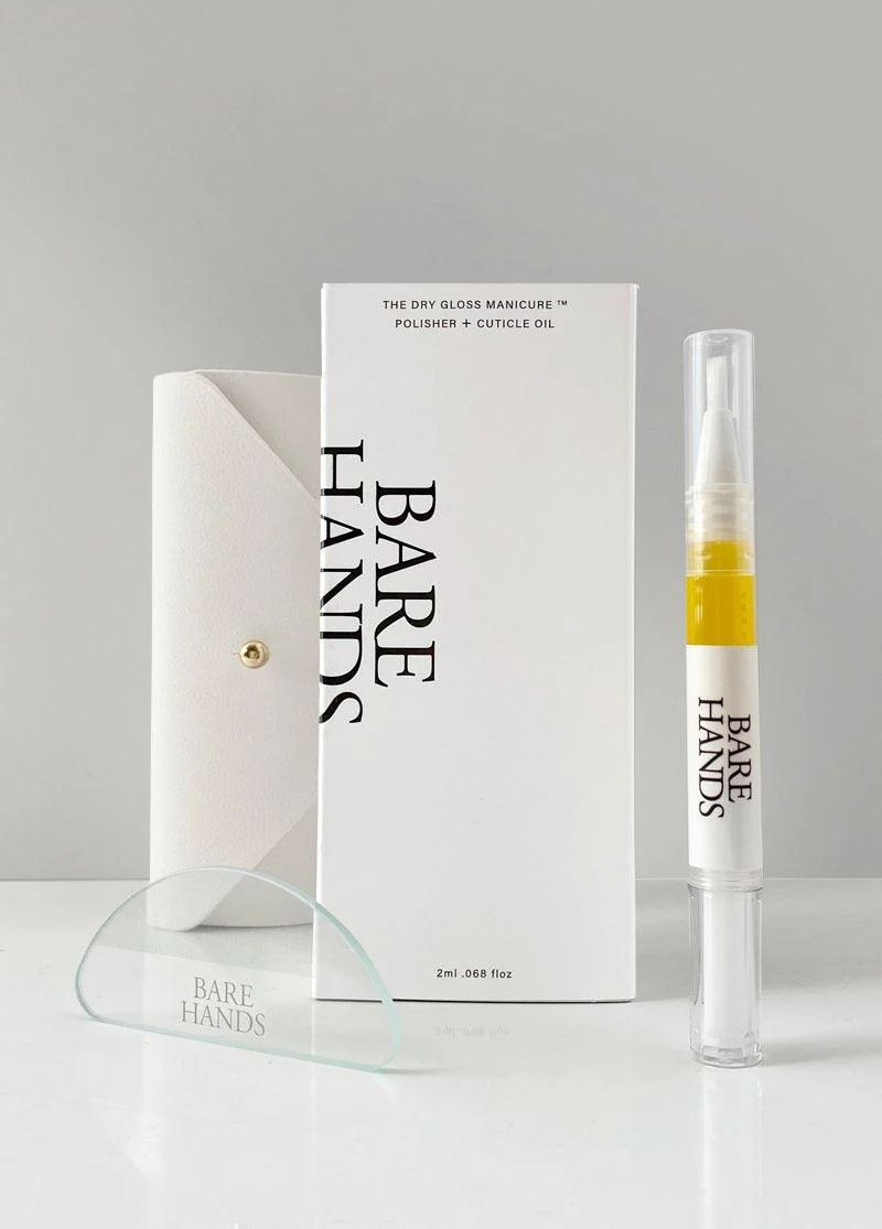 Bare Hands dry gloss manicure kit including a box, cuticle oil pen, glass polisher, and carrying case.