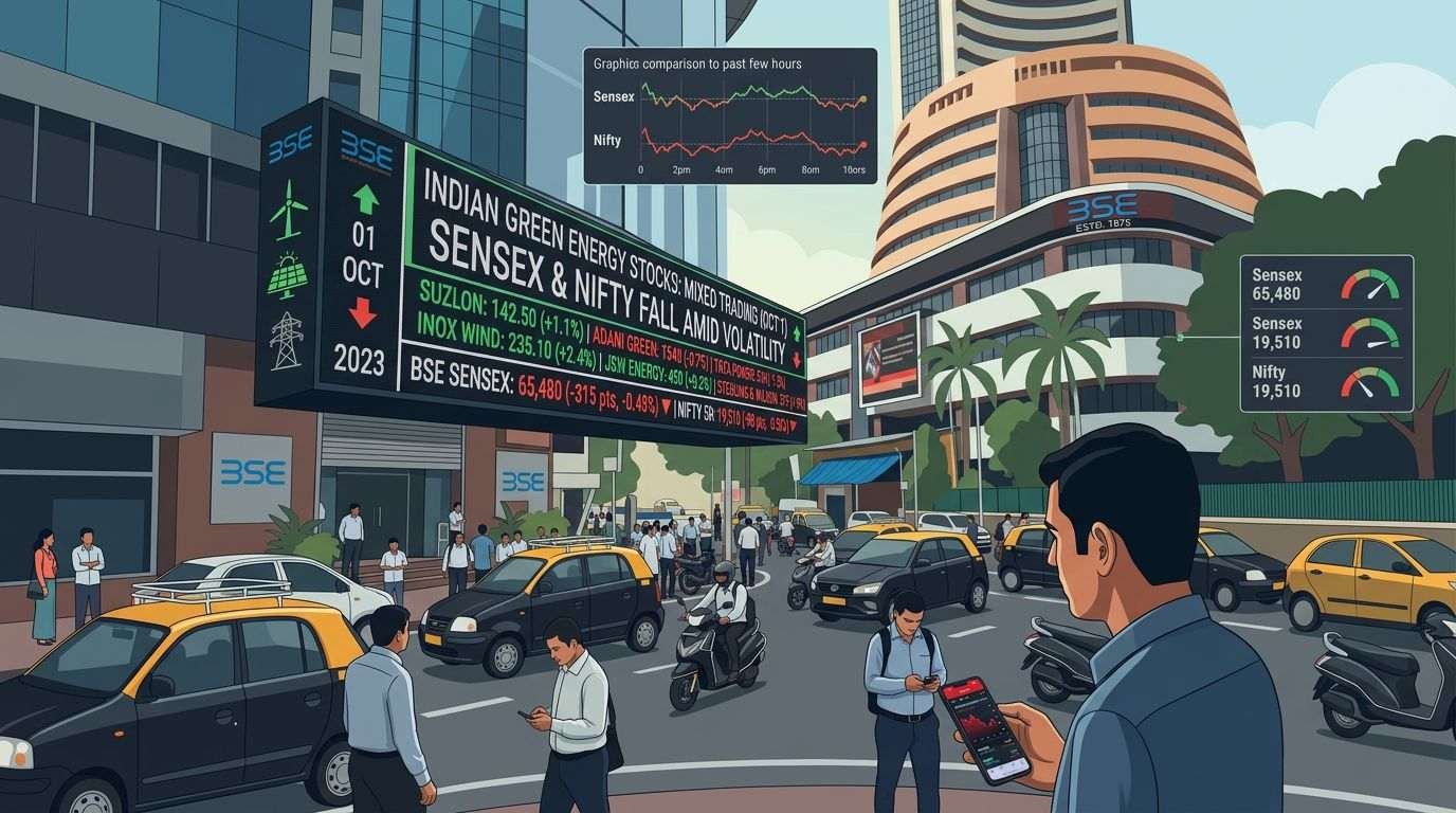 BSE street display reads “Indian green energy stocks: mixed trading,” with Sensex and Nifty falling.