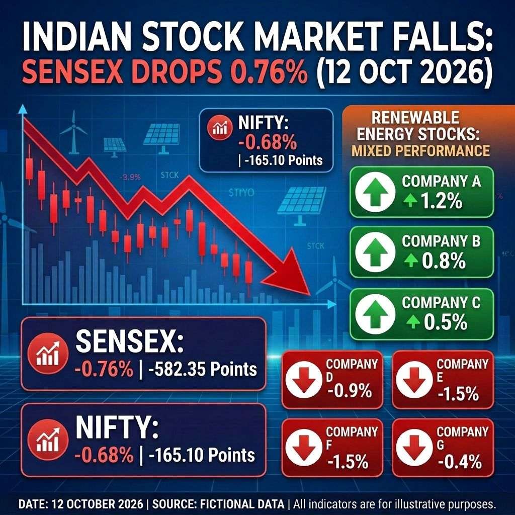 Indian Stock Market Falls: Sensex Drops 0.76% (12 Oct 2026). Nifty -0.68%, -165.10 points; Sensex -0.76%, -582.35 points. Renewable Energy Stocks: Mixed Performance—Suzlon Energy +1.2%, Adani Green +0.8%, Tata Power +0.5%, NHPC -0.9%, Renew Power -1.5%, Renew Power -1.5%, JSW Energy -0.4%. Date: 12 October 2026. Source: Fictional data. All indicators are for illustrative purposes.