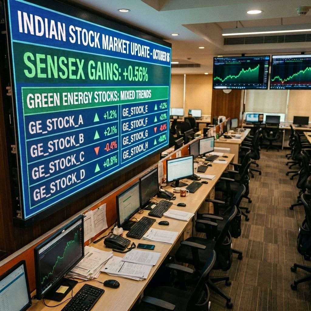 Indian Stock Market Update - October 18; Sensex Gains: +0.56%; Green Energy Stocks: Mixed Trends; Tata Power +1.2% and +1.2%; Adani Green +2.1% and +2%; Suzlon -0.4% and +0.4%; Renew Power +0.8% and +0.8%.