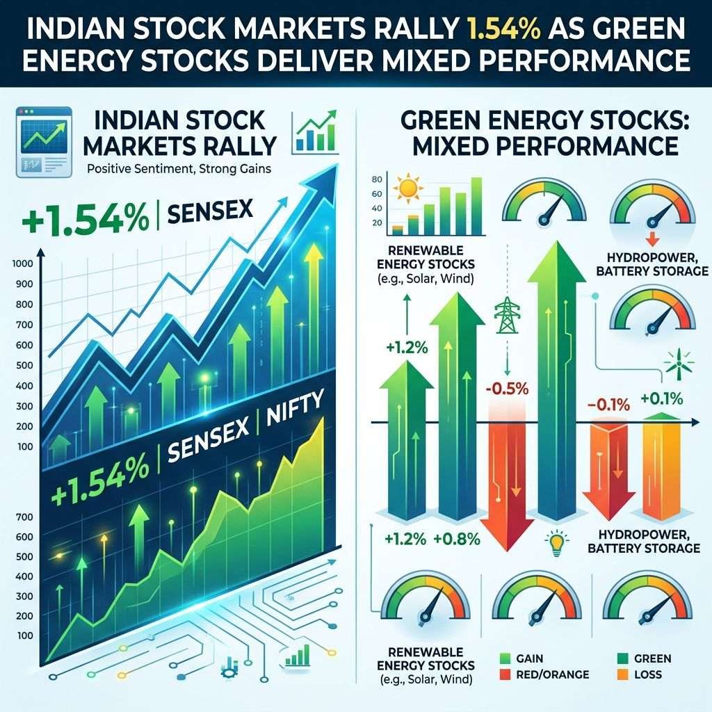 Infographic showing Indian markets up 1.54% and mixed green energy stock performance