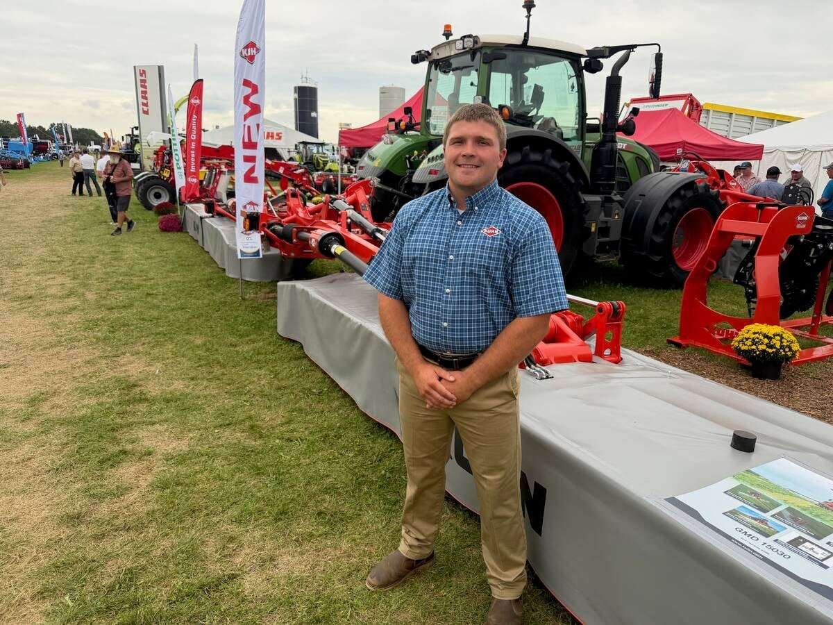 Travis Wolf, hay and forage product manager for Kuhn North America at Canada’s Outdoor Farm Show 2026. Photo: John Greig