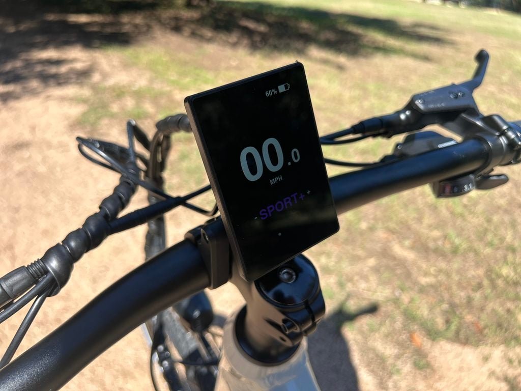 Lectric XPress Lite detachable 3.5 inch color display showing speed, assist mode and battery level