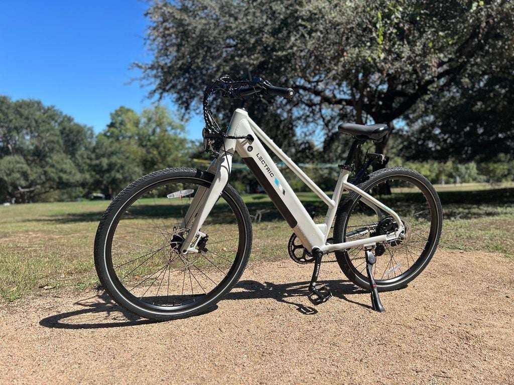 Lectric XPress Lite mid-step commuter eBike in Stratus White, side view, RiderGuide test bike