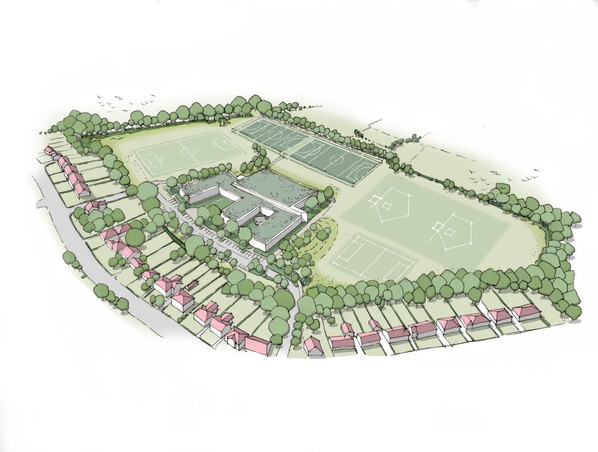 Aerial architectural illustration of a sports complex with football pitches, courts and central buildings, surrounded by trees, landscaped green spaces and residential properties