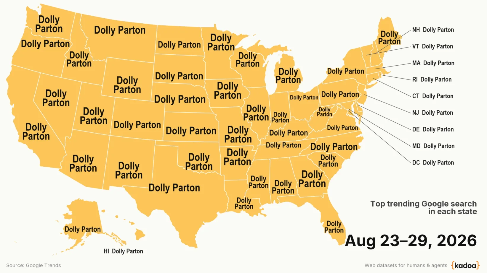 Map showing widespread Google searches for Dolly Parton following her death in August 2026.