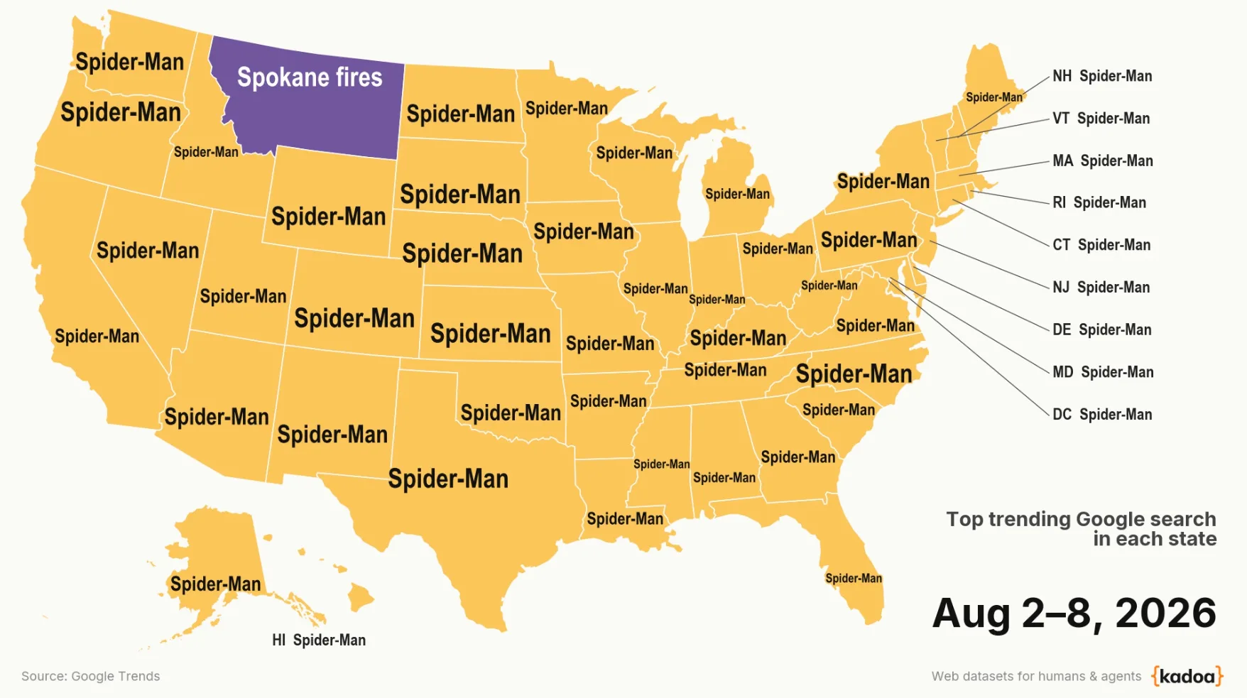 Map showing Montana concern about fires in Washington state, while all other states are more interested in Spider-Man with Google searches