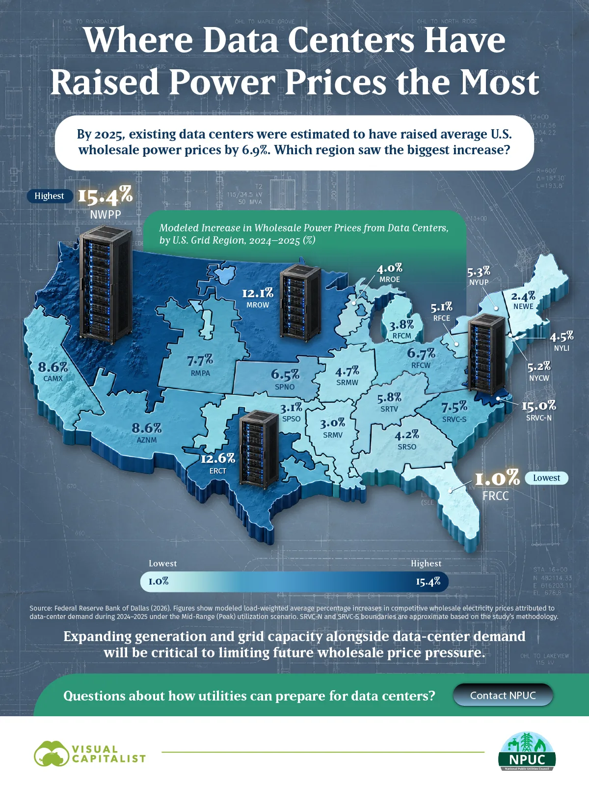 A U.S. map showing which grid regions have had the largest rises in their power prices from data centers.