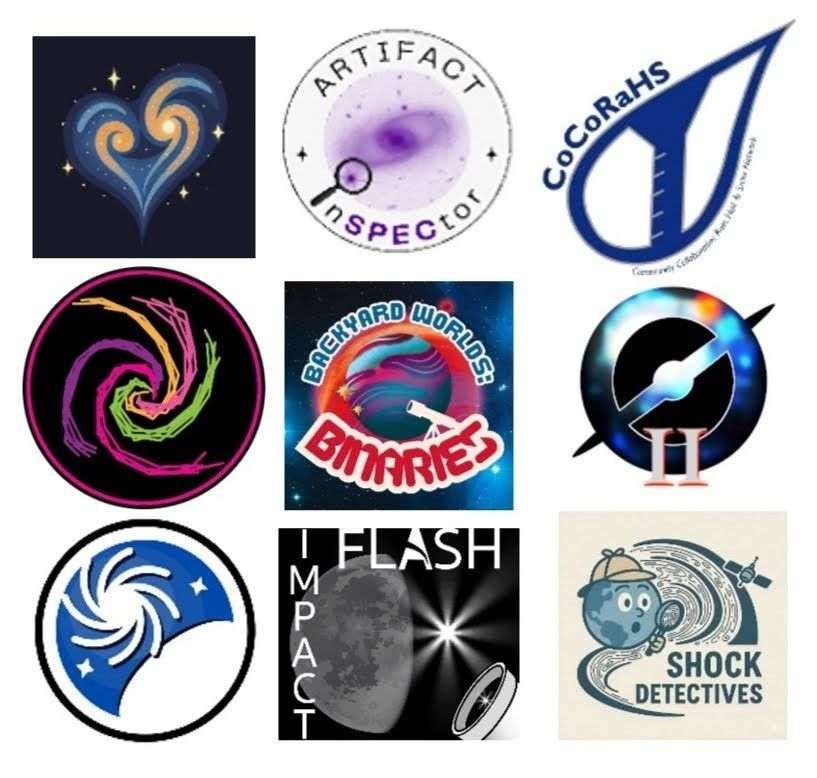 Nine NASA citizen science project logos arranged in a three-by-three grid on a white background. The colorful designs feature stylized galaxies, swirling spiral patterns, celestial objects, a rain gauge, a telescope, and a cartoon detective, representing the nine projects launched in 2026.