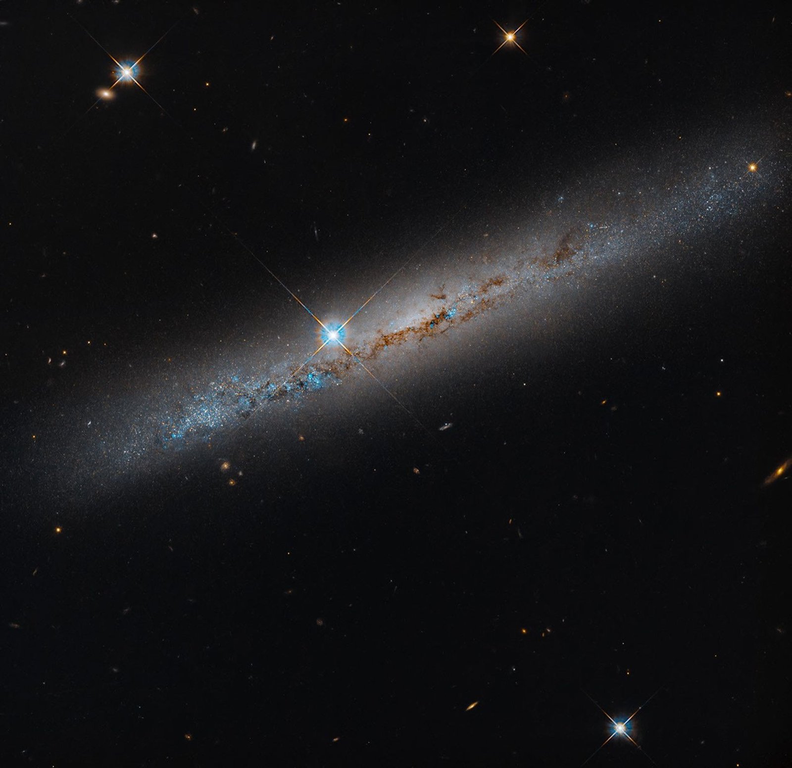 An edge-on spiral galaxy. Its rusty-brown dust lanes bisect the galaxy lengthwise. Bright-blue points dot the galaxy and seem to be more dense on its left side. A bright foreground star shines just to the left of the galaxy's center. The background is black and dotted with distant galaxies and a smattering of foreground stars, which are easily identified by their diffraction spikes.