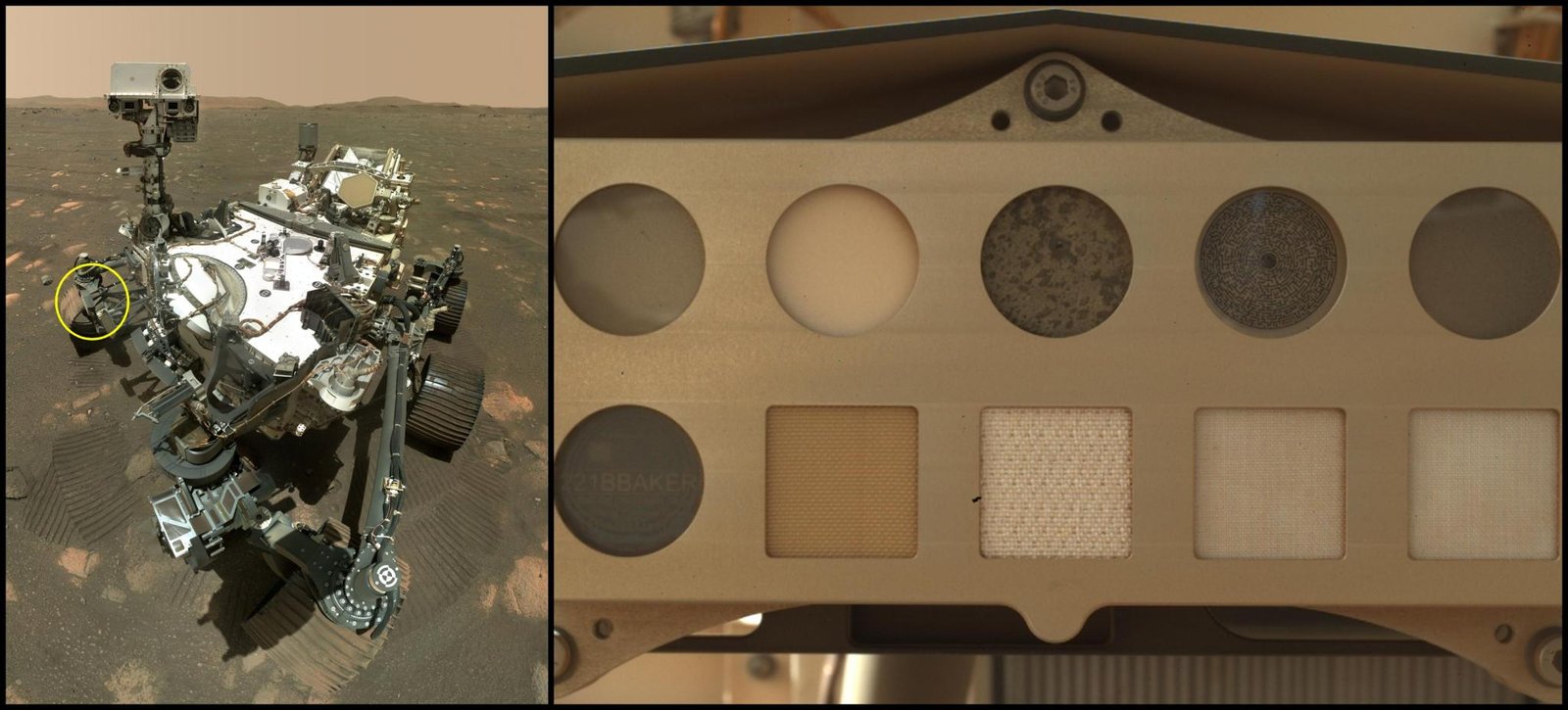 A split view shows a rover on a rocky landscape with a yellow circle highlighting a deck instrument, alongside a close-up of that instrument's calibration target featuring rows of circular and square material samples.