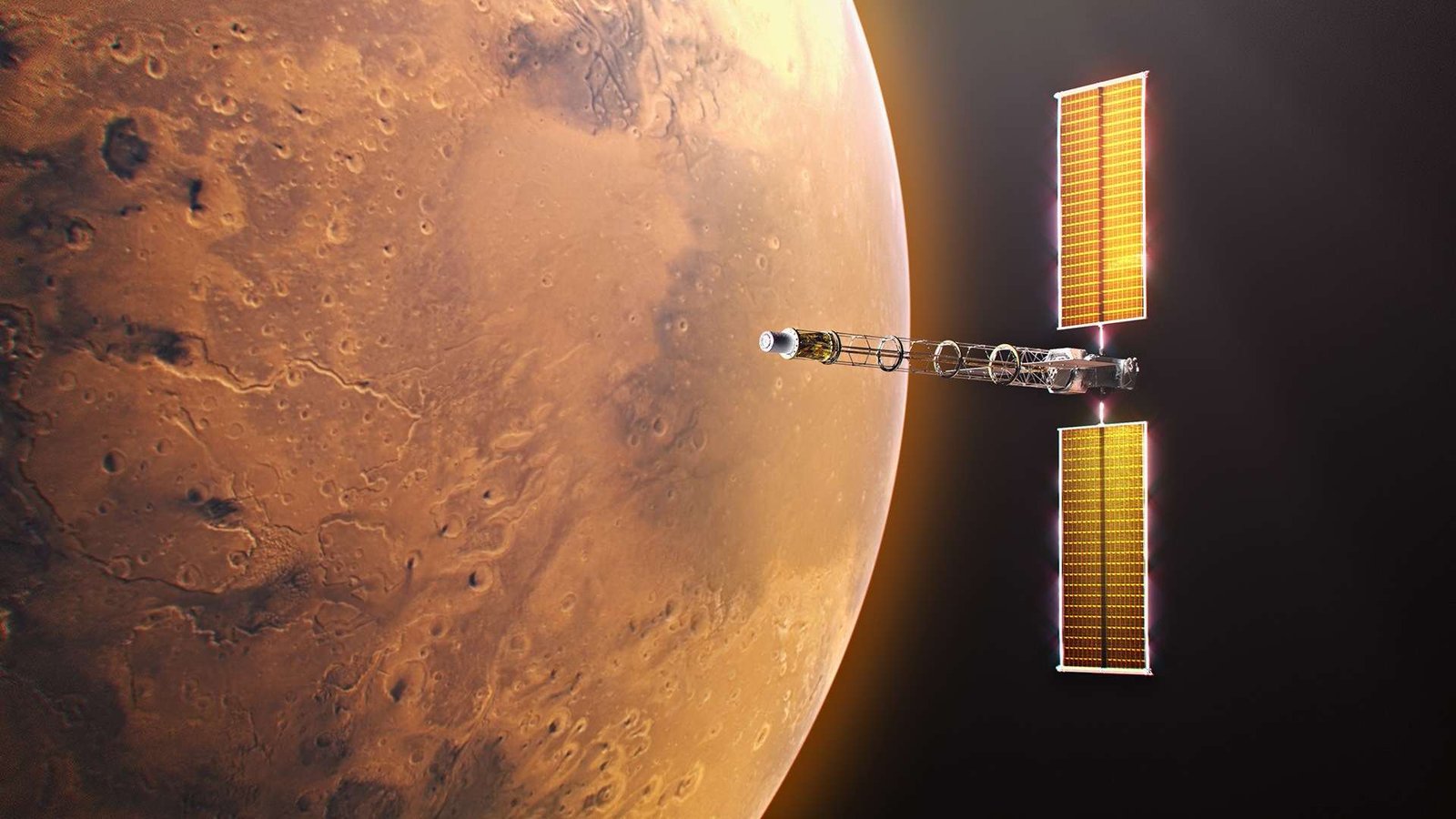 Digital illustration of the Space Reactor-1 (SR-1) Freedom spacecraft in orbit near Mars. The planet's red terrain fills the left half of the frame. On the right, the spacecraft is oriented horizontally, showcasing its central Power and Propulsion Element bus flanked by two tall, illuminated golden Roll-Out Solar Arrays. An elongated open-truss boom extends forward from the bus, ending at the cylindrical nuclear fission reactor and power conversion module.