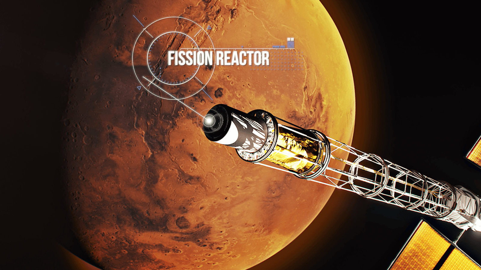 Digital illustration of the Space Reactor-1 Freedom (SR-1) spacecraft in deep space with the planet Mars filling the background. The spacecraft boom structure extends toward the planet, showing its power conversion assembly and solar panel, with a targeting graphic pointing to the fission reactor at its tip labeled 'FISSION REACTOR.'